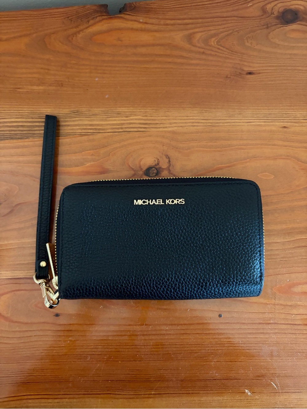 Michael Kors Black Pebbled Leather Zip Wristlet with Gold Hardware